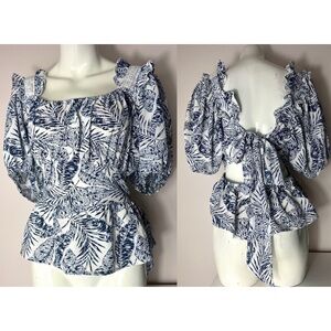 Sweet Rain Blue White Floral Leaf Peplum Tie Back Puff Sleeve Blouse Plus 2XL